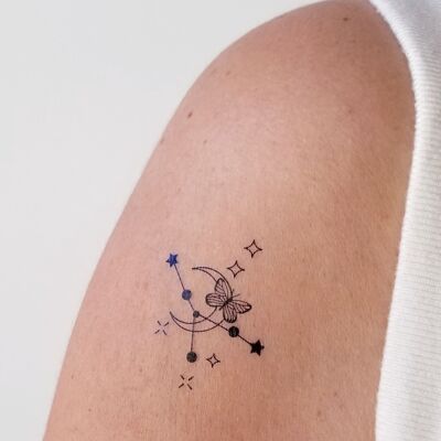Tatuaje temporal de la constelación de cáncer con mariposa y luna (juego de 4 tatuajes)