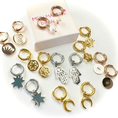 Hoop earrings with interchangeable charms, stainless steel silver, rose and gold