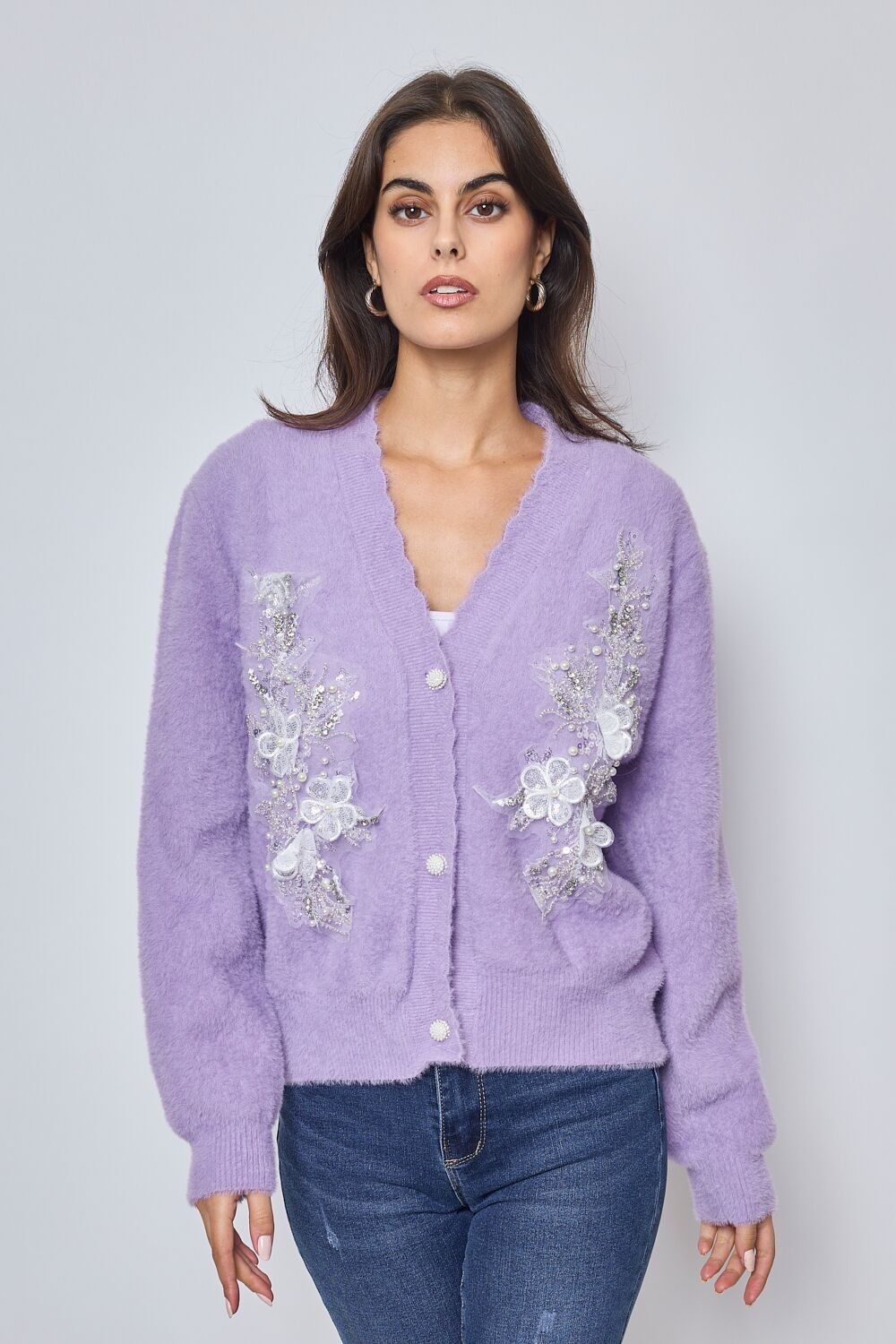 Cardigan scollo a V con perle fantasia - FM549