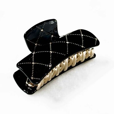 Hair clip - Checkerboard model - Black and rhinestones - Acetate
