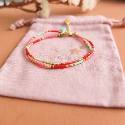 bracelet bohème double perles miyuki : coquelicot fluo, rouge et menthe.