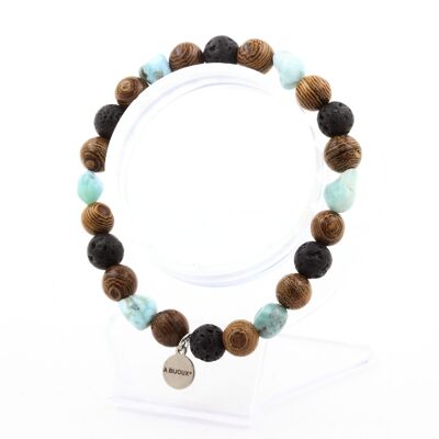 Dominican Republic Larimar Bracelet + Lava Beads + 8 mm wood. Made in France