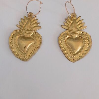 Brass earrings - flama dorada heart