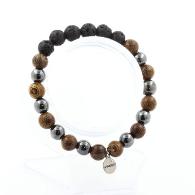 Bracelet Beads Lava + Hematite + wood 8 mm. Made in France