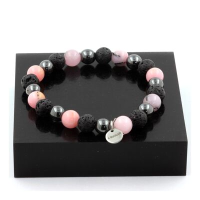 Bracciale con opale rosa + ematite + perle di lava 8 mm. Fatto in Francia