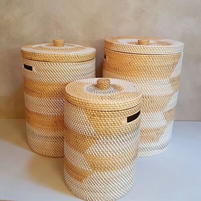 Juego de 3 cestas de ratán - blanco/natural