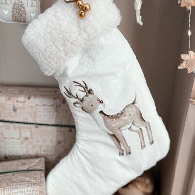 Calcetín navideño blanco con reno