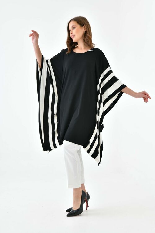 Oversized Wide Sleeve Tunic Dress with White Stripe Details