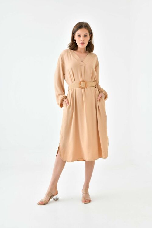 Oversized Long Sleeves V Neck Midi Dress with Matching Belt