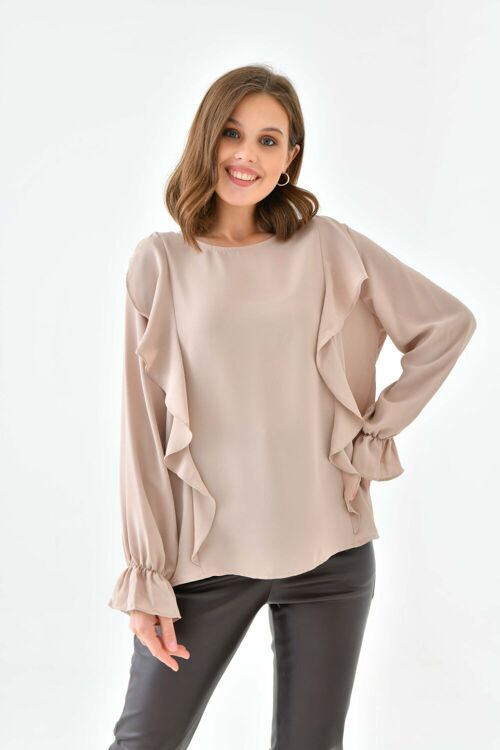 Oversized Frilled Front Blouse with Detailed Cuffs