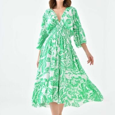 Oversized Flutter Sleeves Shirred Waist V Neck Midi Dress with Floral Print