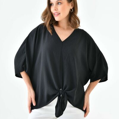 Oversized V Neck Tie Front Detailed Blouse with 3/4 Sleeves