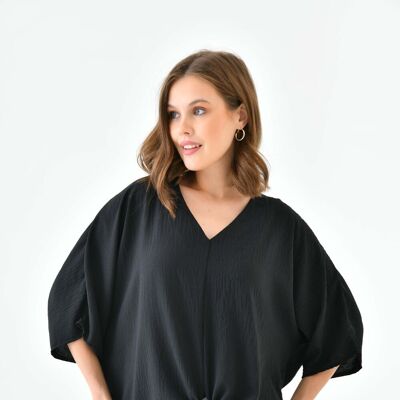 Oversized V Neck Tie Front Detailed Blouse with 3/4 Sleeves