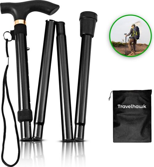 Travelhawk Walking Stick - Adjustable and Foldable - Black - Incl. Storage bag - Walking stick for the elderly