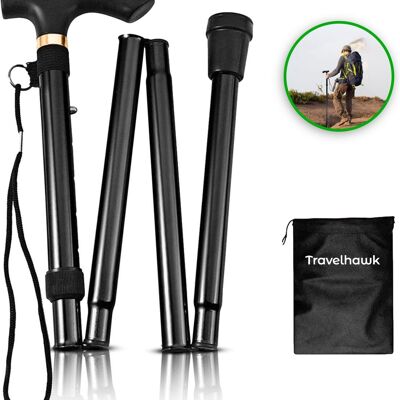 Travelhawk Walking Stick - Adjustable and Foldable - Black - Incl. Storage bag - Walking stick for the elderly