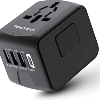 TravelHawk Universal World Plug avec USB-C et 3 ports USB - Prise de voyage - Prise de voyage internationale pour plus de 150 pays - Amérique (USA) - Angleterre (Royaume-Uni) - Australie - Asie - Amérique du Sud - Afrique - Prises mondiales - Noir
