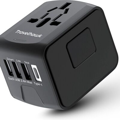 TravelHawk Universal World Plug con USB-C y 3 puertos USB - Enchufe de viaje - Enchufe de viaje internacional para más de 150 países - América (EE. UU.) - Inglaterra (Reino Unido) - Australia - Asia - América del Sur - África - Enchufes mundiales - Negro