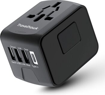TravelHawk Universal World Plug avec USB-C et 3 ports USB - Prise de voyage - Prise de voyage internationale pour plus de 150 pays - Amérique (USA) - Angleterre (Royaume-Uni) - Australie - Asie - Amérique du Sud - Afrique - Prises mondiales - Noir 1