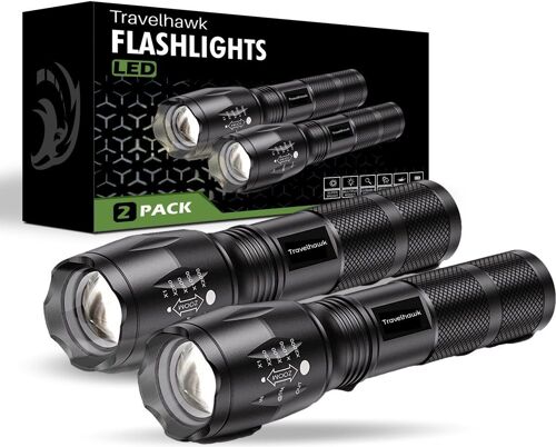 Travelhawk Flashlight - Flashlight Led - Military Flashlight - 1000 Lumen - Waterproof - Black - 2 pieces