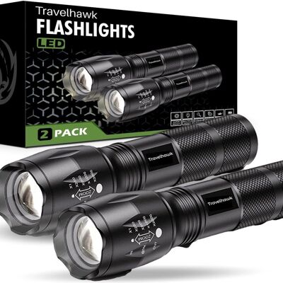 Travelhawk Taschenlampe - Taschenlampe Led - Militärische Taschenlampe - 1000 Lumen - Wasserdicht - Schwarz - 2 Stück