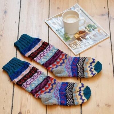 Woollen Fairisle Socks - Blue / Red / Yellow - SMALL