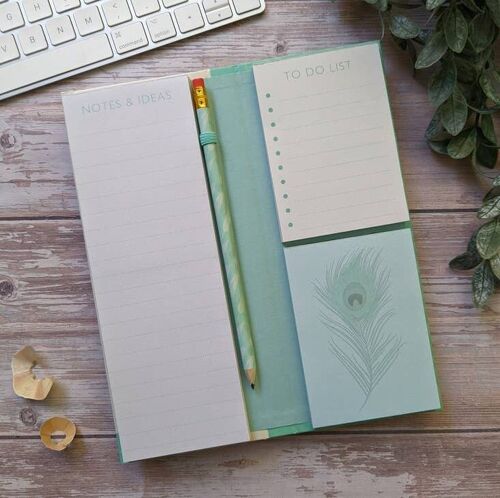 Tall Notepad & Pencil Set - Peacock Feathers