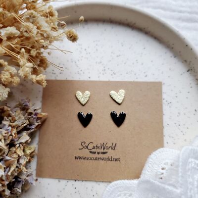 Black and gold glitter duo heart stud earrings