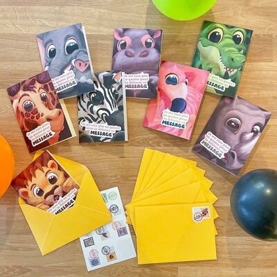 Kit of 8 children's birthday invitation cards + envelopes + fake stamps - SAVANE