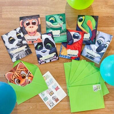 Kit de 8 tarjetas de invitación de cumpleaños infantil + sobres + sellos falsos - BOSQUE TROPICAL