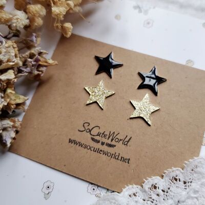 Black and gold duo star stud earrings