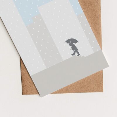Tarjeta de diseño minimalista Niño en una ciudad lluviosa