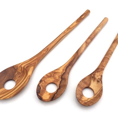 Cooking spoon with round oval handle and hole made of olive wood