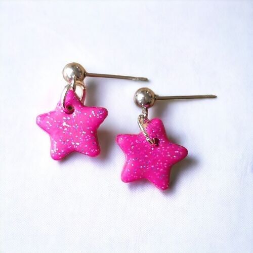 Handmade Sparkly Pink Mini Star Drop Earrings