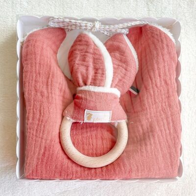 Birth box birth bib + Montessori rabbit ear teething ring - Wooden toy - Terracotta