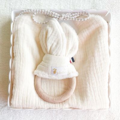 Cassetta nascita bavaglino nascita + anello dentizione orecchio coniglio Montessori - Giocattolo in legno - Ecru