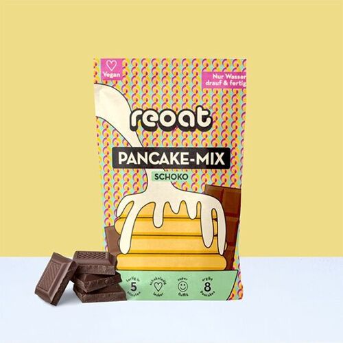 reoat Schoko-Pancake-Mischung - Bio, vegan & schokoladig (200g ≙ 450g Teig) | Mit saftigen veganen Chocolate Chips | Einfach Wasser hinzufügen | Gewinner des PETA Vegan Food Award 2023