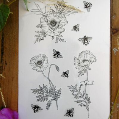 Vintage Mohnblumen und Bienen temporäres Tattoo