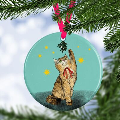 Decoración de árbol de Navidad de cerámica con diseño de gato Holly Jolly | Lindo adorno de gato