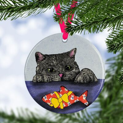 Decorazione per albero di Natale in ceramica con gatto subdolo | Pallina di gatto