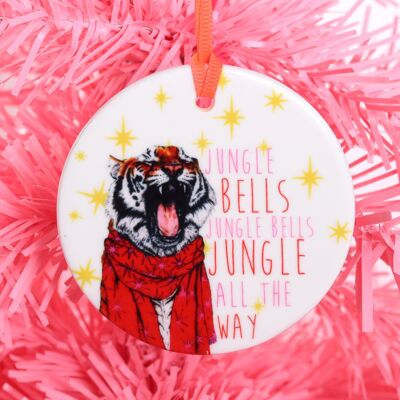 Tigre 'Jungle Bells' Décoration d'arbre de Noël en céramique | Décor festif drôle