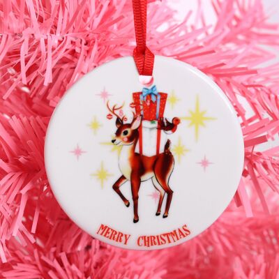 Retro Reindeer & Robin Ceramic Christmas Tree Decoration