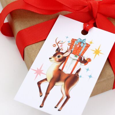 Confezione da otto etichette regalo con renne retrò | Confezione regalo di Natale | Tag di Natale