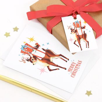 Pack d’étiquettes cadeaux de renne rétro de huit | Emballage cadeau de Noël | Balises de Noël 3