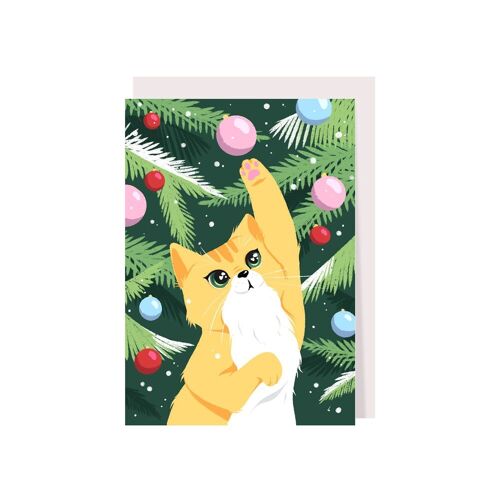 Cat under a Christmas tree holiday greeting card