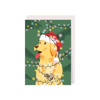 Weihnachtsgrußkarte mit Hund und Weihnachtsbeleuchtung