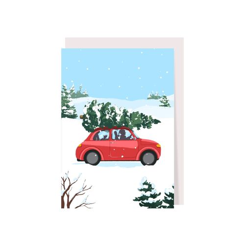 Holiday greeting card with red car and Christmas tree