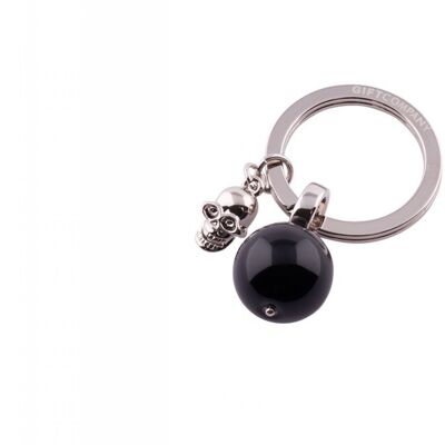 Schlüsselanhänger, Kugel aus schwarzem Achat mit silbernem charm
