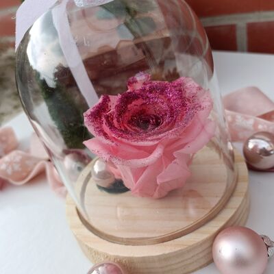 pink eternal rose with glitter under bell