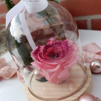 pink eternal rose with glitter under bell