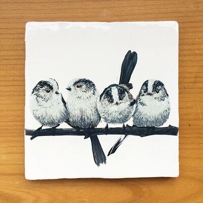Long-tailed Titmouse 4 birds – Vintage Style Tile